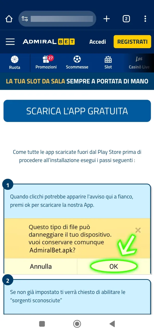 Download automatico dell’APK AdmiralBet dopo il clic.