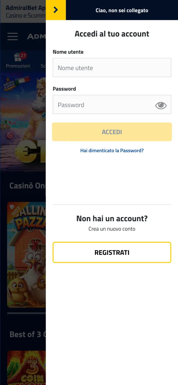 Accedi su AdmiralBet e scegli Sport o Live per iniziare.