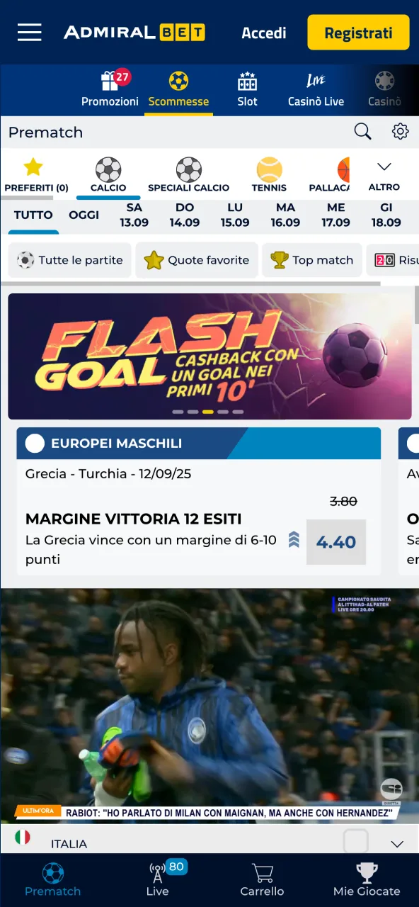 Seleziona evento e mercato su AdmiralBet con un solo tap.