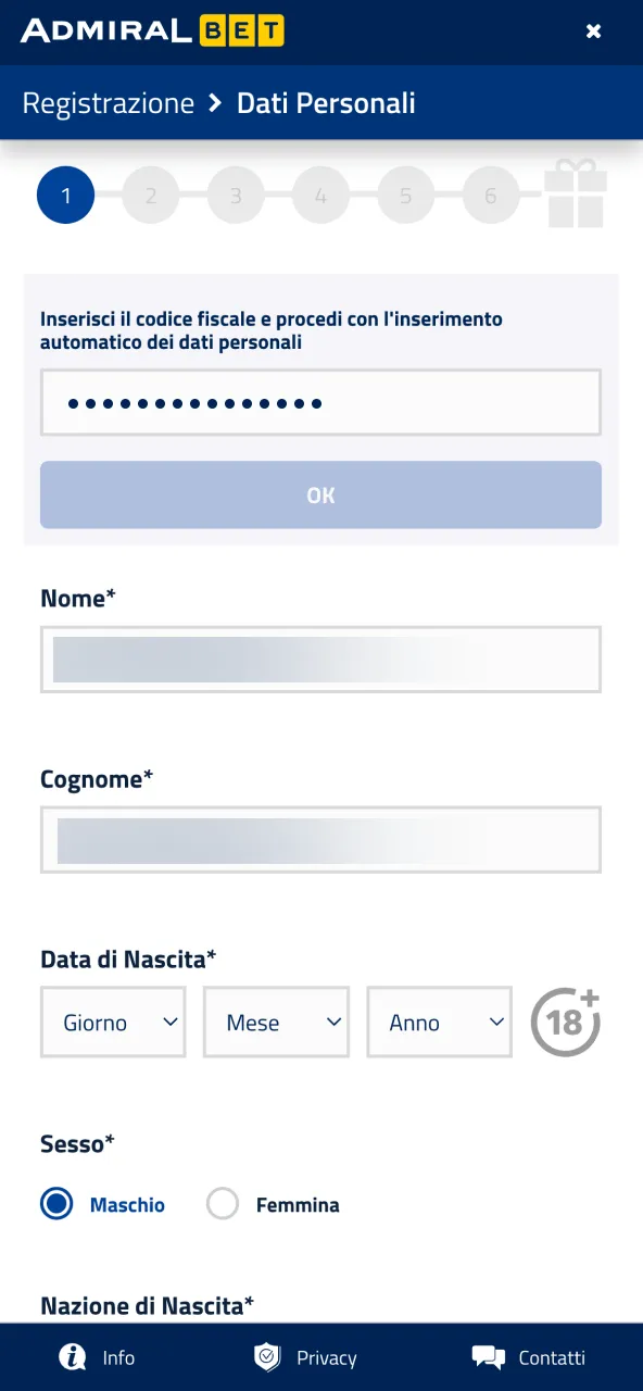 Inserisci i tuoi dati su AdmiralBet e crea il conto gioco.