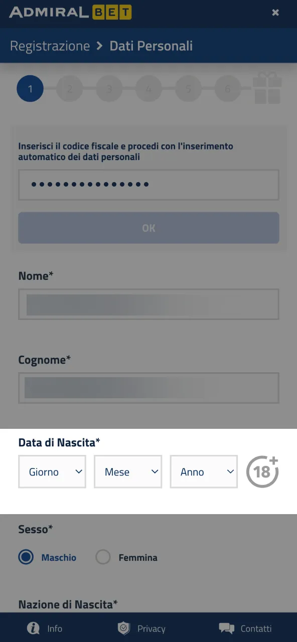 Conferma 18 anni e crea il tuo account AdmiralBet in sicurezza.