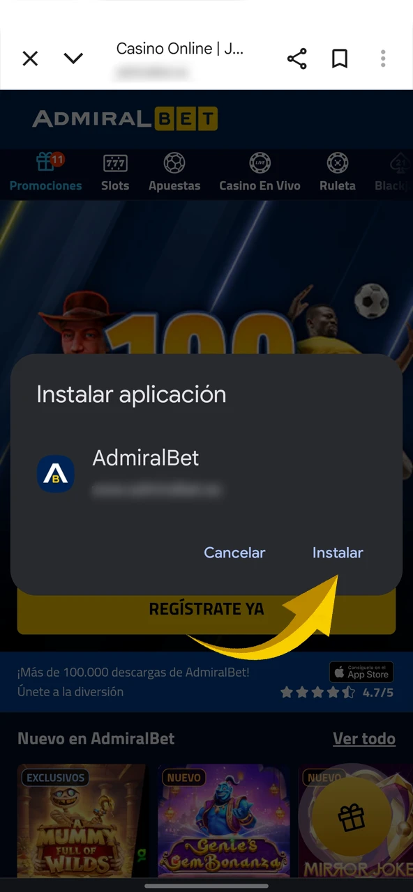 Sigue las instrucciones en pantalla para usar AdmiralBet.