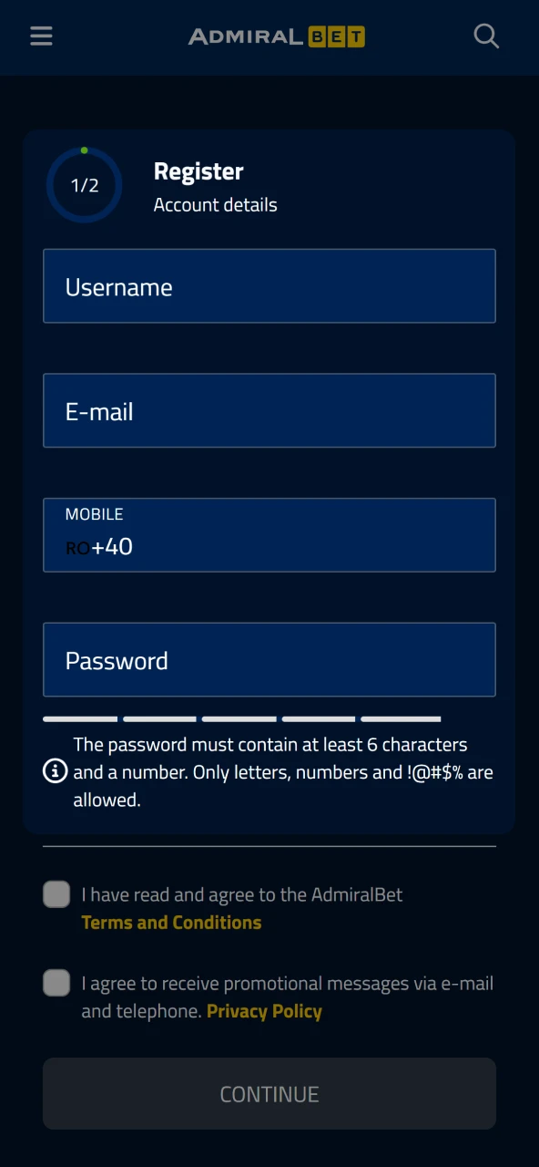 Enter your details on AdmiralBet and create the game account.