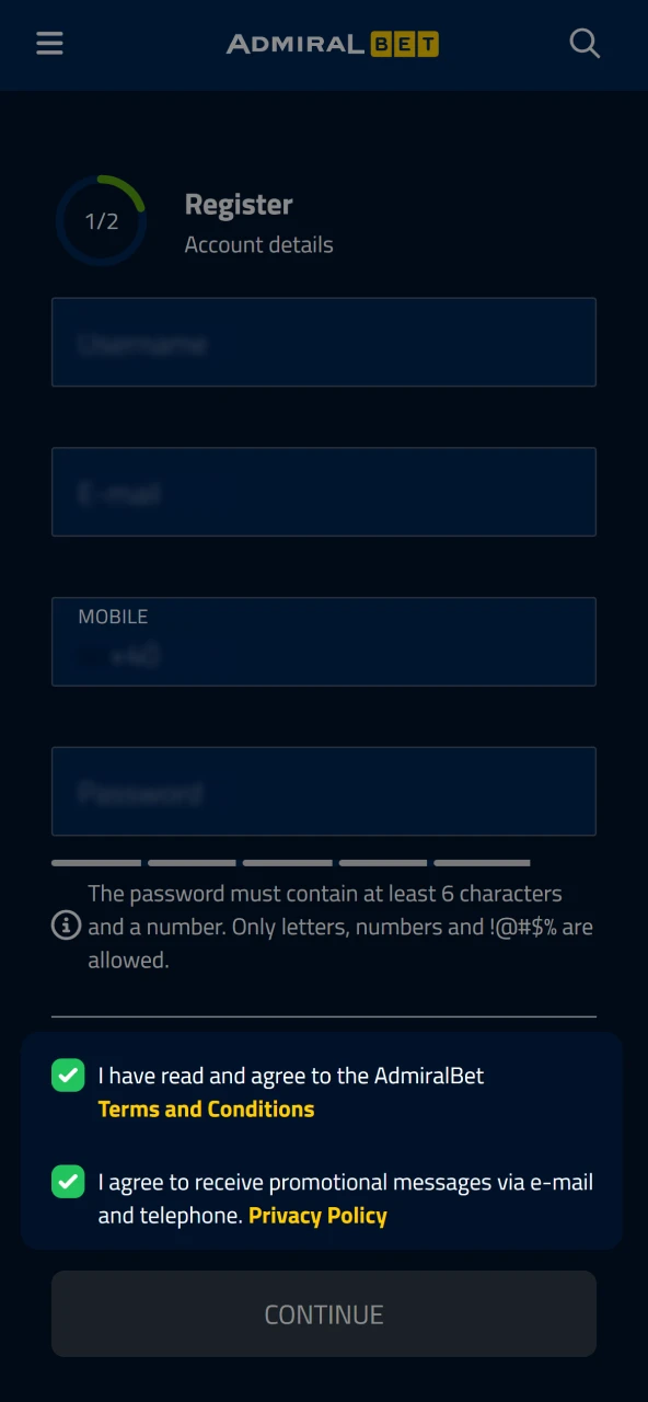Confirm 18 years of age and securely create your AdmiralBet account.