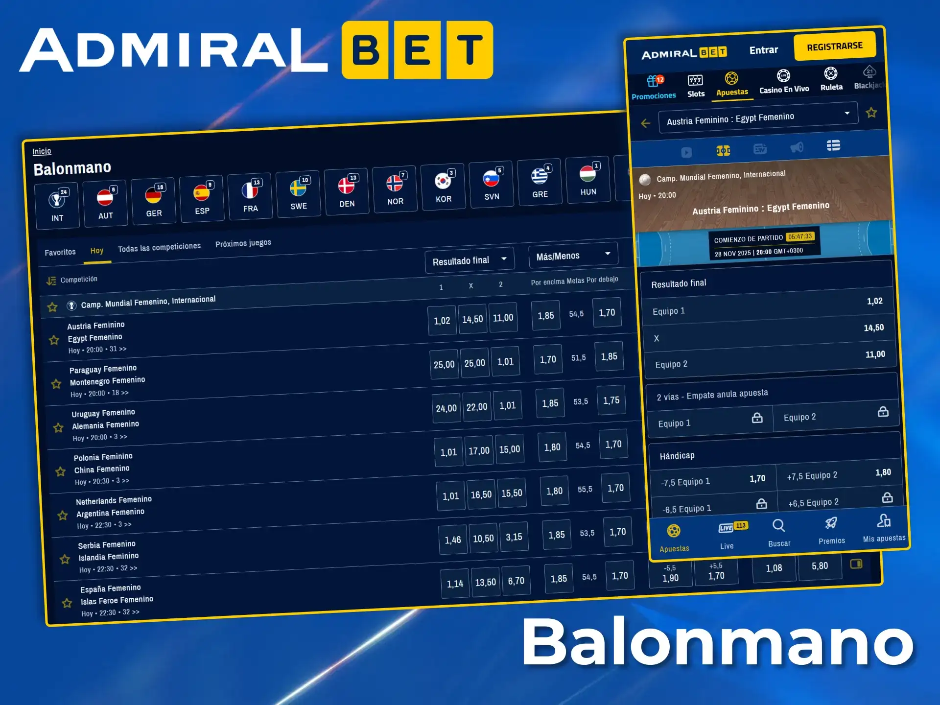 Disfruta apostando en las mejores ligas internacionales de balonmano con AdmiralBet.